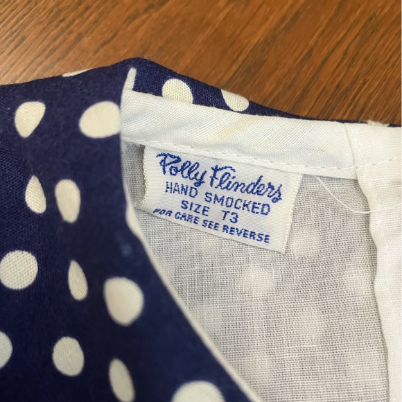 Polly Flinders hand smocked 3T sleeveless dress white w/blue-white dot, red trim - Picture 3 of 4